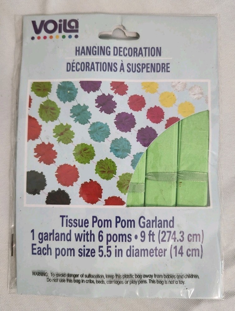 Celebration Green Tissue Pom Pom Garland 6 Count Of 5.5” Pom Poms 9 ft