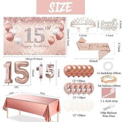 15th Birthday Decorations – Rose Gold Arch, Banner, Tablecloth, rose gold 15th