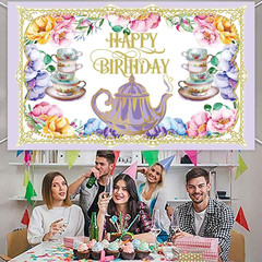Tea Happy Birthday Banner Backdrop Background Photo Booth Props Floral Teapot Te