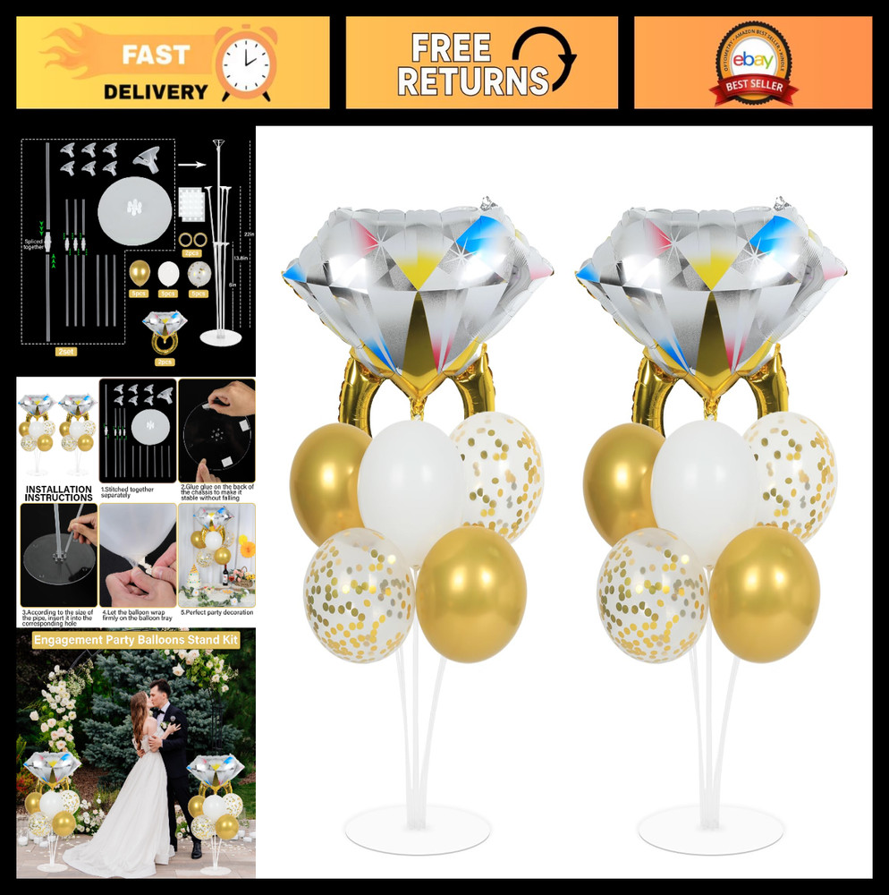 Engagement Party Balloon Stand Kit – 2 Diamond Ring Foil & Confetti Balloons for