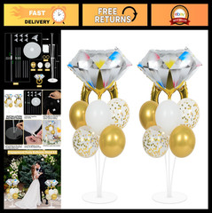 Engagement Party Balloon Stand Kit – 2 Diamond Ring Foil & Confetti Balloons for