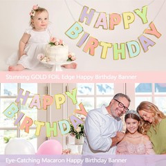 LITAUS Happy Birthday Banner – 9ft 7.78 inches x 7.48 inches, Macaron