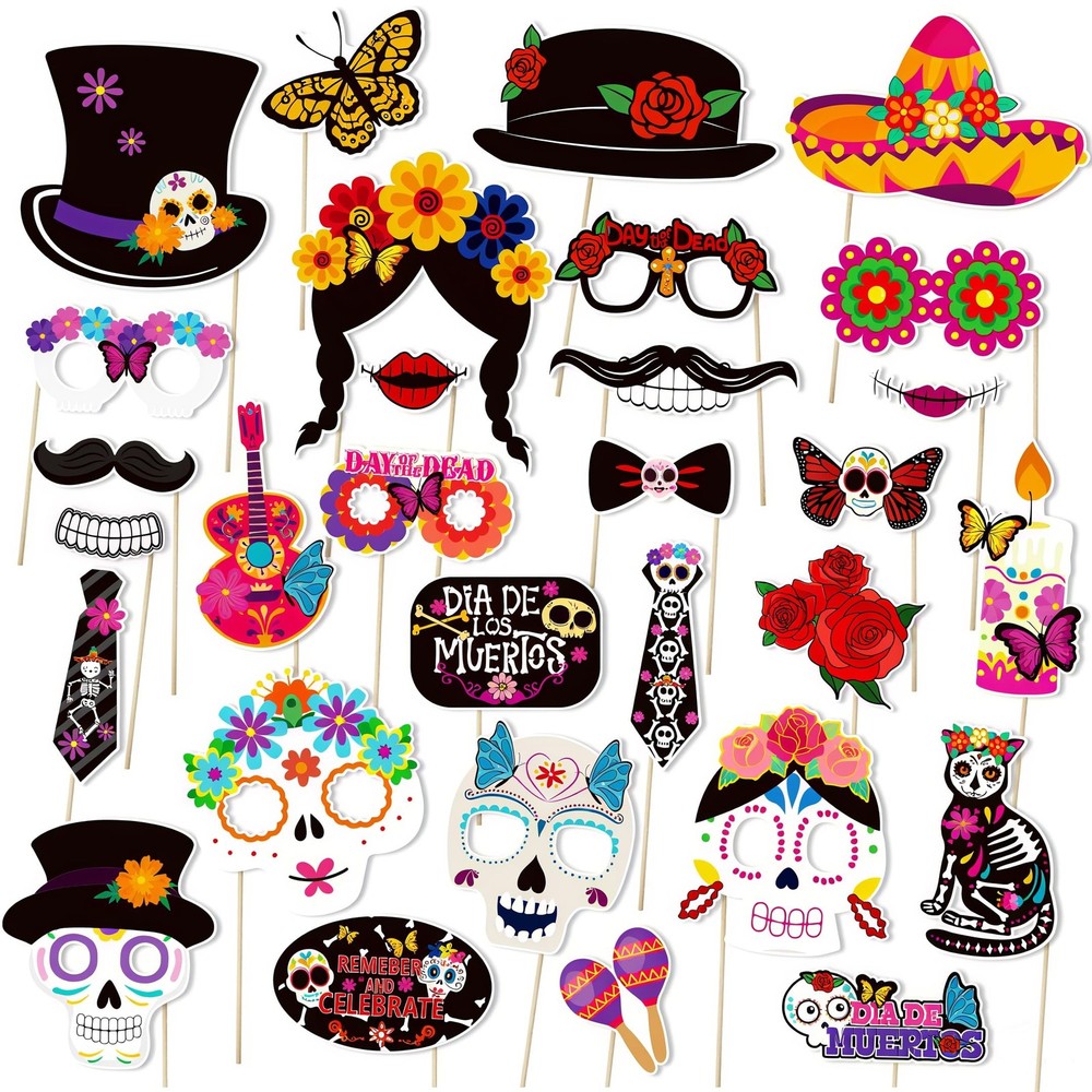 30PCS Day of The Dead Photo Booth Props Dia De Los Muertos Skull Fiesta Decor