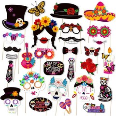30PCS Day of The Dead Photo Booth Props Dia De Los Muertos Skull Fiesta Decor