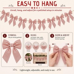 8 ft Red Striped Bow Garland Decorations Red Fabric Bow Banner Hanging Banner…