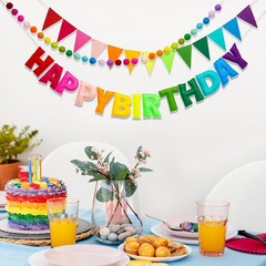 Reusable Happy Birthday Felt Garland Banner, Rainbow Pom Pom Party Decor
