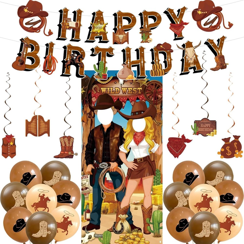 Western Party Decorations Cowboy Happy Birthday Banner Balloons Props Background