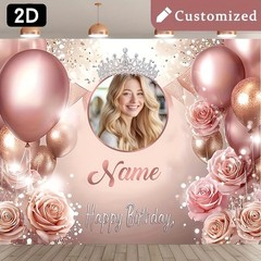 1pc Flower Crown Custom Birthday Banner Personalized Name Photo Party Backdrop❀