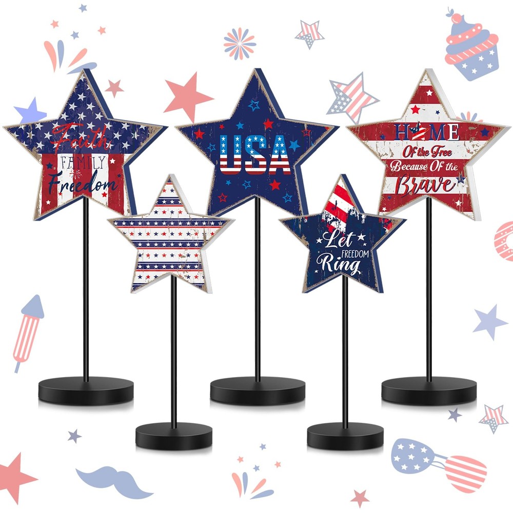 5 Pcs 4th of July Table Decorations Patriotic Wooden Star Set Standing Star T…