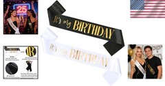 Luxurious 2-Pack Birthday Sashes: Black & White with Gold/Rose Gold Lettering
