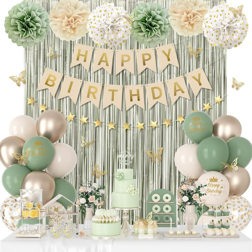 Sage Green Birthday Decorations for Women Girls, Green Sand Gold Confetti Metall