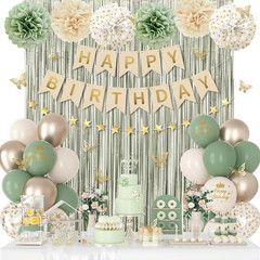 Sage Green Birthday Decorations for Women Girls, Green Sand Gold Confetti Metall