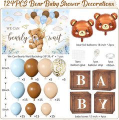 Blue Bear Baby Shower Decorations for Boy, 124Pcs Bear Party Decorations with Bl