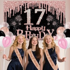 17th Birthday Decorations for Girls, 49pcs Black Rose Gold Black Banner, Tabl…