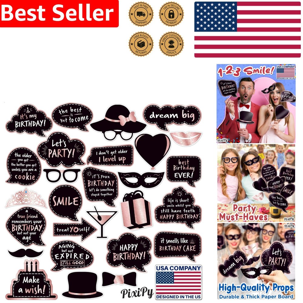Rose Gold Birthday Photo Booth Props Kit 27 Pcs Durable Cardboard Signs Memor…