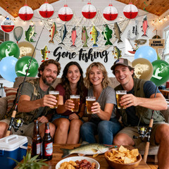 Fishing Birthday Party Decorations, Gone Fishing Themed Banner Fish Net Decor Ga