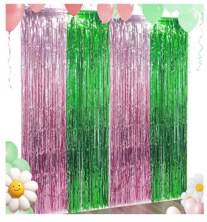 Pink & Green Foil Fringe 2-Pack Curtains Decorations 3.3Ft x 6.6Ft FAST SHIPPING