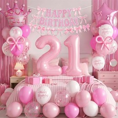 21st Pink Bow Decorations for Her, Coquette Party Decor Include 40 Inch Foil …