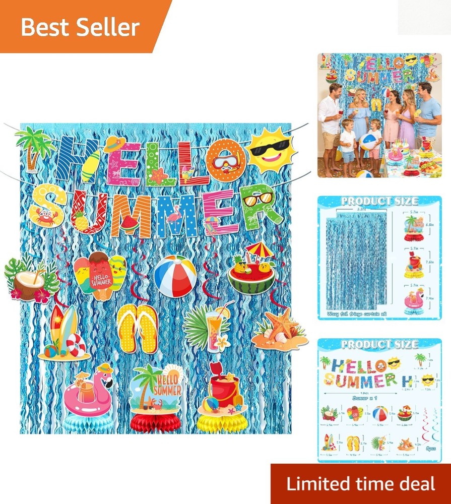 Complete Summer Party Set: Hello Summer Banner, Hanging Swirls & Foil Curtains