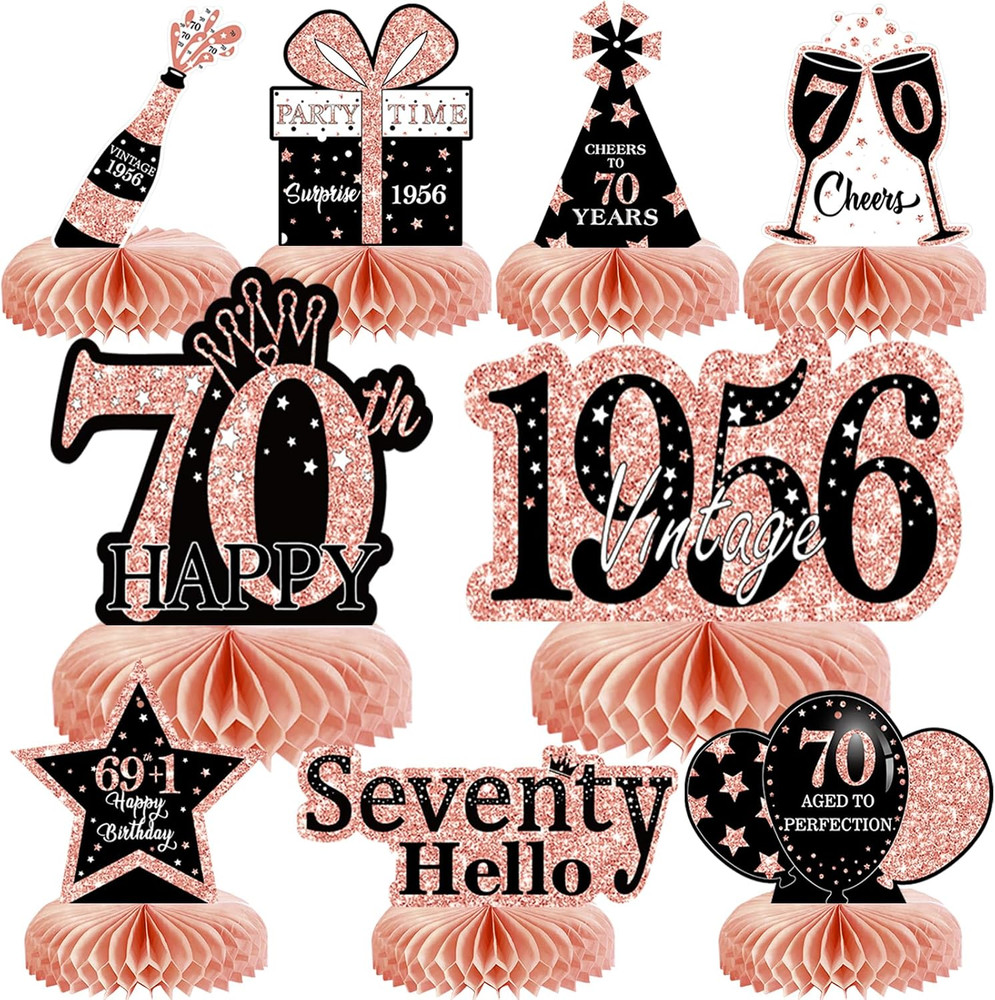 9Pcs 70Th Birthday Decorations Honeycomb Centerpieces for Women, Rose Gold Pink