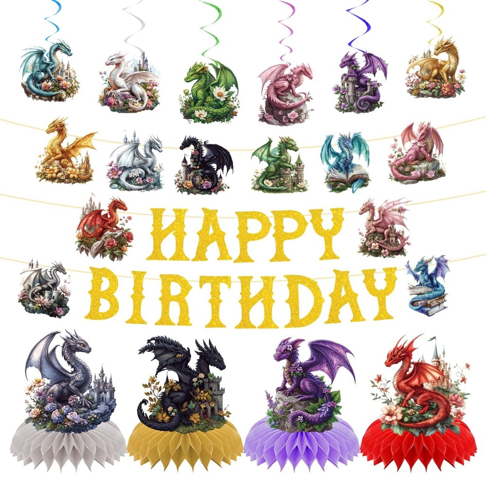 Watercolor Dragon Birthday Party Decorations – Fantasy Wall Banner & Swirls, Kid