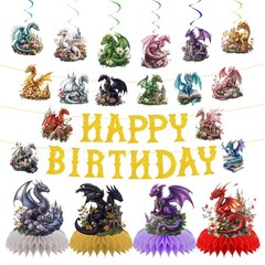 Watercolor Dragon Birthday Party Decorations – Fantasy Wall Banner & Swirls, Kid