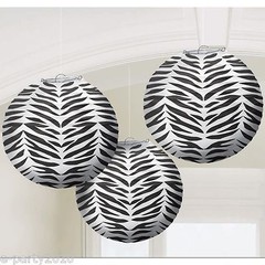 ZEBRA PRINT ROUND PAPER LANTERNS (3) ~Baby Bridal Shower Birthday Party Supplies