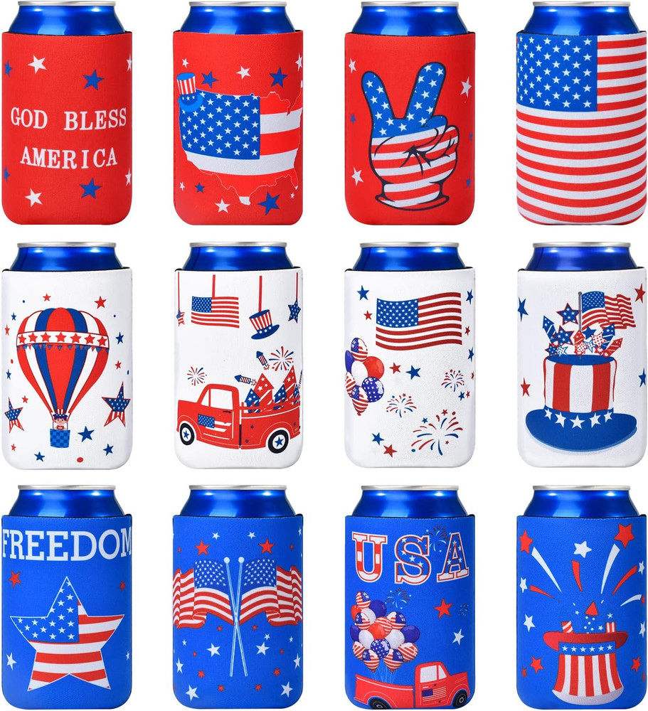 4Th of July Decorations, 12 PCS Can Cooler Sleeves for Independence Day Accessor