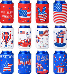 4Th of July Decorations, 12 PCS Can Cooler Sleeves for Independence Day Accessor