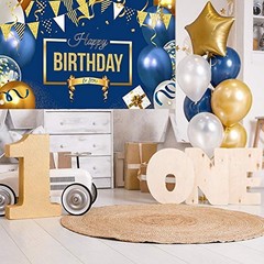 Happy Birthday Decorations Banner Large Navy Blue and Gold Balloons Backdrop