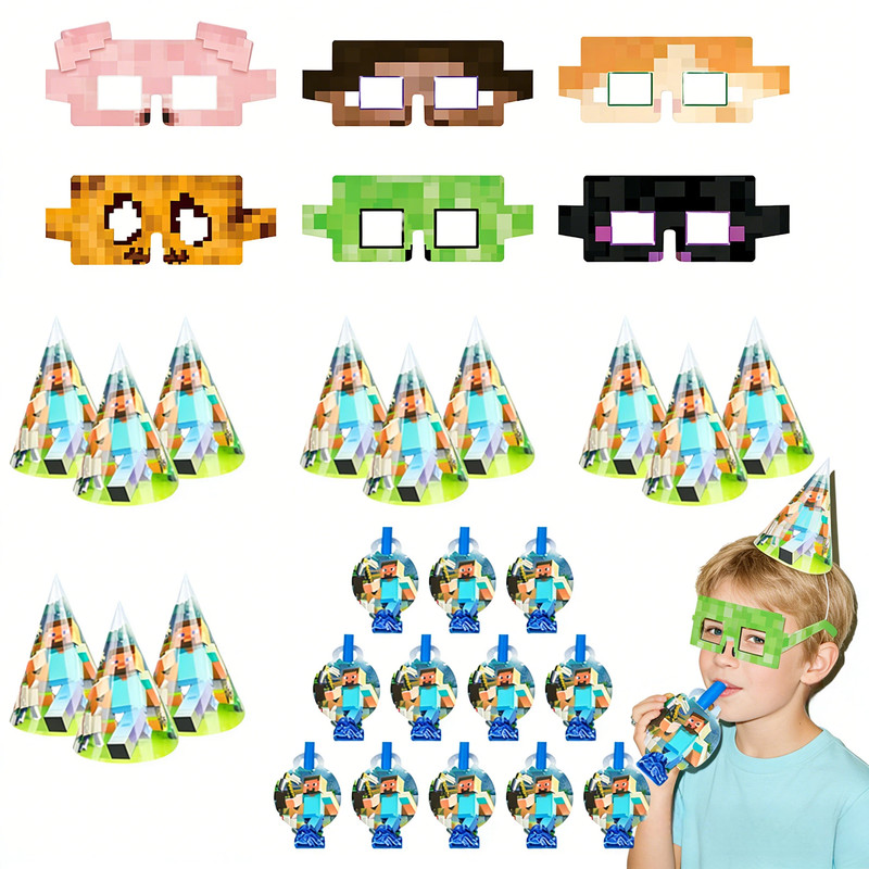 Minecraft Party Decoration Blow Out Hat Glasses Set Pixel Game Birthday Supplies