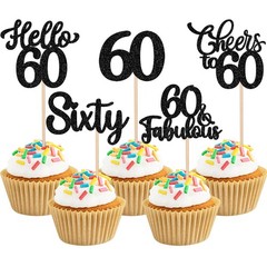 60th Birthday Cupcake Toppers Black Glitter Style 60 Party Decorations