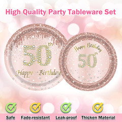 50Th Birthday Decorations for Women, Rose Gold Plates Rose Gold Decorations 96Pc