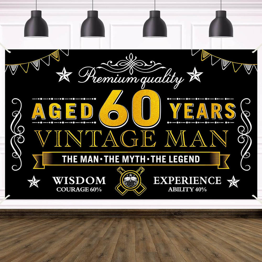 60Th Birthday Banner Decorations, Vintage 60 Men Party Backdrop | Black Gold Hap