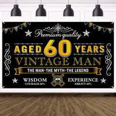 60Th Birthday Banner Decorations, Vintage 60 Men Party Backdrop | Black Gold Hap