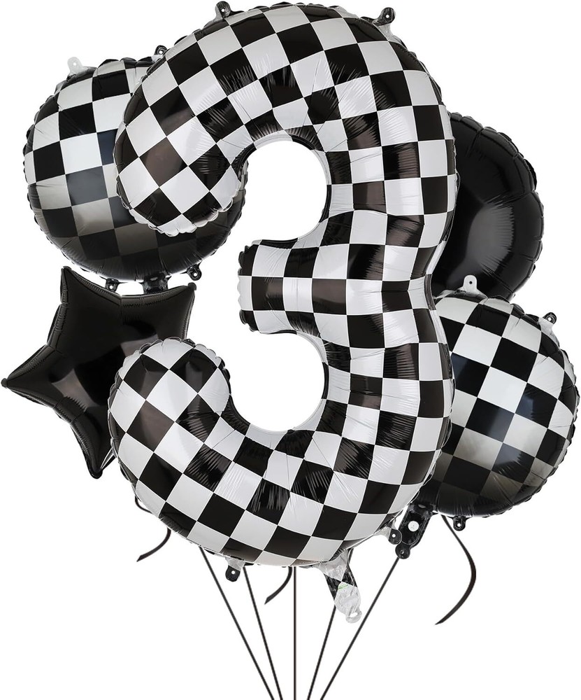 40 Inch Checkered Number Balloon 3 Black and White Race Car Birthday Balloons Ba