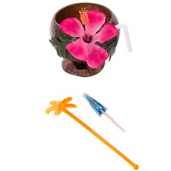 Luau 4 Person Coconut Cup, Pick & Stirrer 16pc Party Drinkware Pack, Brown Multi