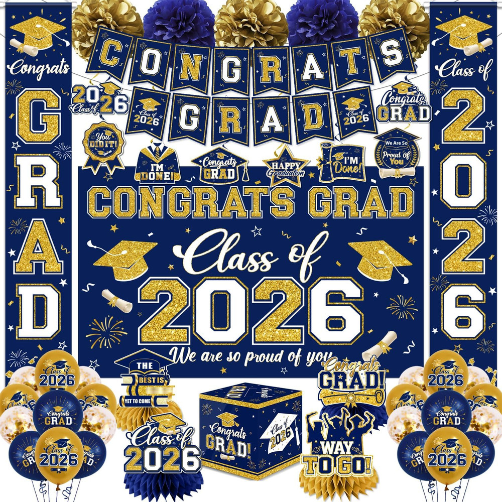 Navy Blue and Gold Graduation Decorations 2026 Set, All-in-1 Kit with Congrats G