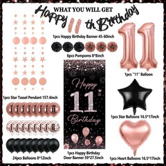 Rose Gold Happy 11th Birthday Decorations – Banner, Backdrop, Balloons, Pompo…