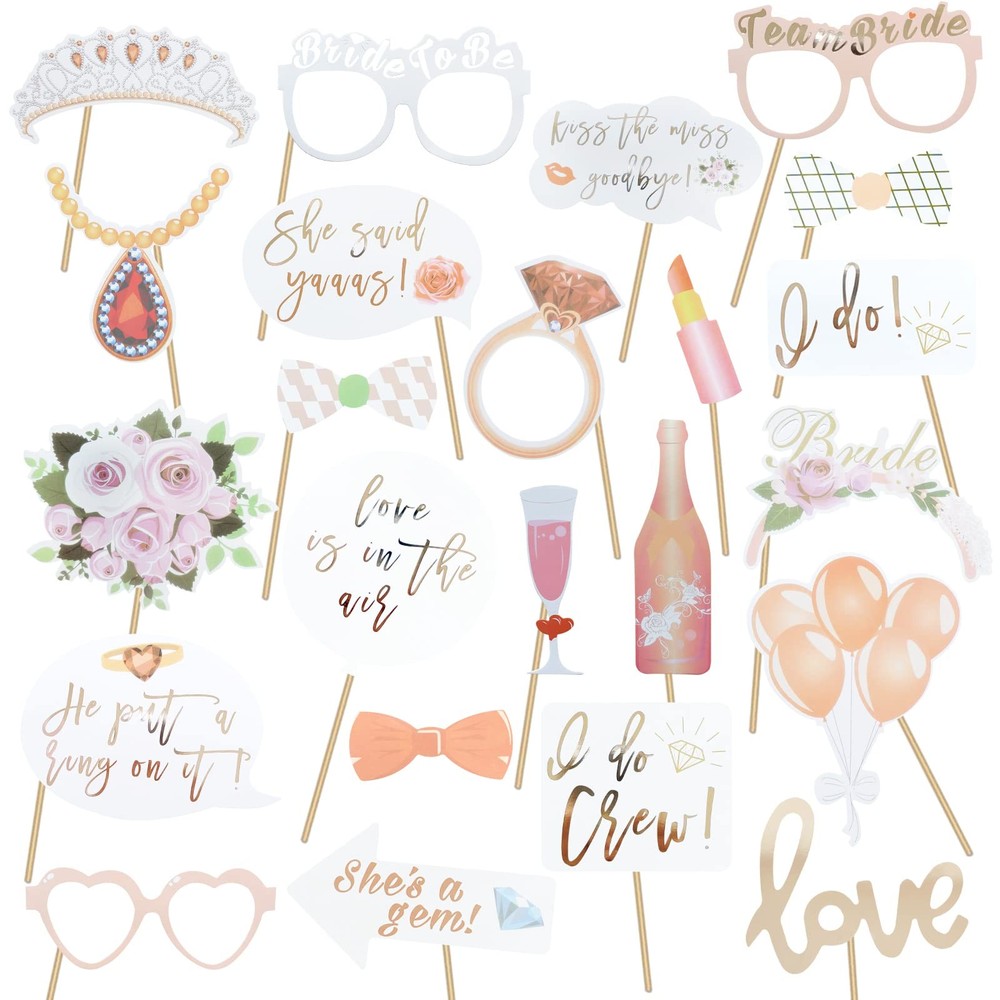 23 PCS Wedding Photo Booth Props, Rose Gold, Pink, Glitter, Pre-Assembled, Funny