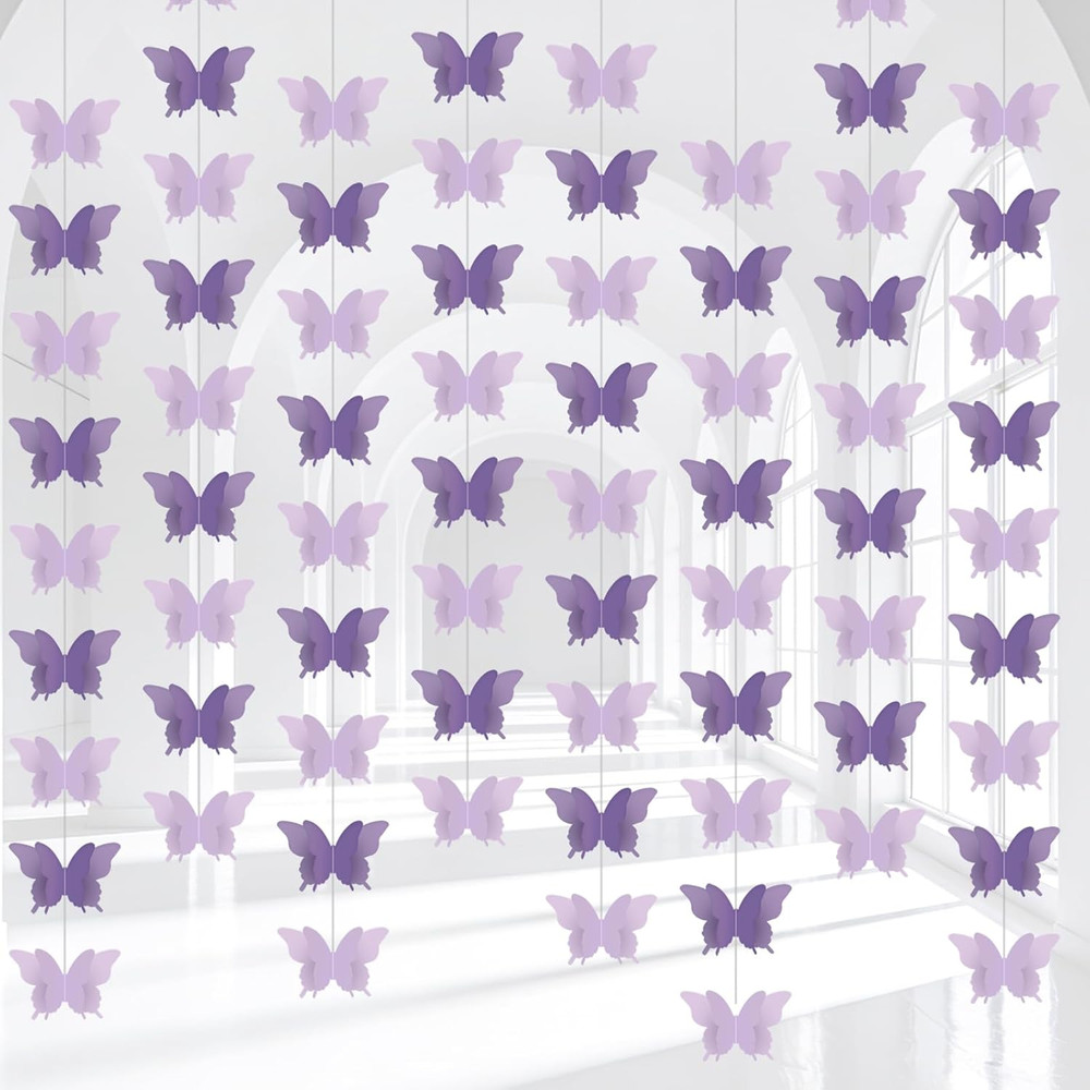 4 Pack 3D Butterfly Paper Garland (36 Feet Total), Lavender & Royal Purple Hangi