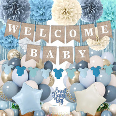 Dusty Blue Baby Shower Decorations, Boy Baby Shower Decor Set with Welcome Baby