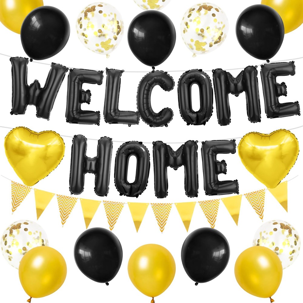 Welcome Home Decorations Black Gold Foil Balloon Banner with Confetti Balloons