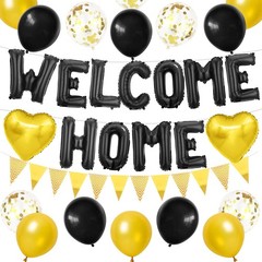 Welcome Home Decorations Black Gold Foil Balloon Banner with Confetti Balloons