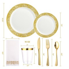 FOCUSLINE 350 Ct Gold Dinnerware Set for 50 Guests, Gold Lace Plastic Plates …