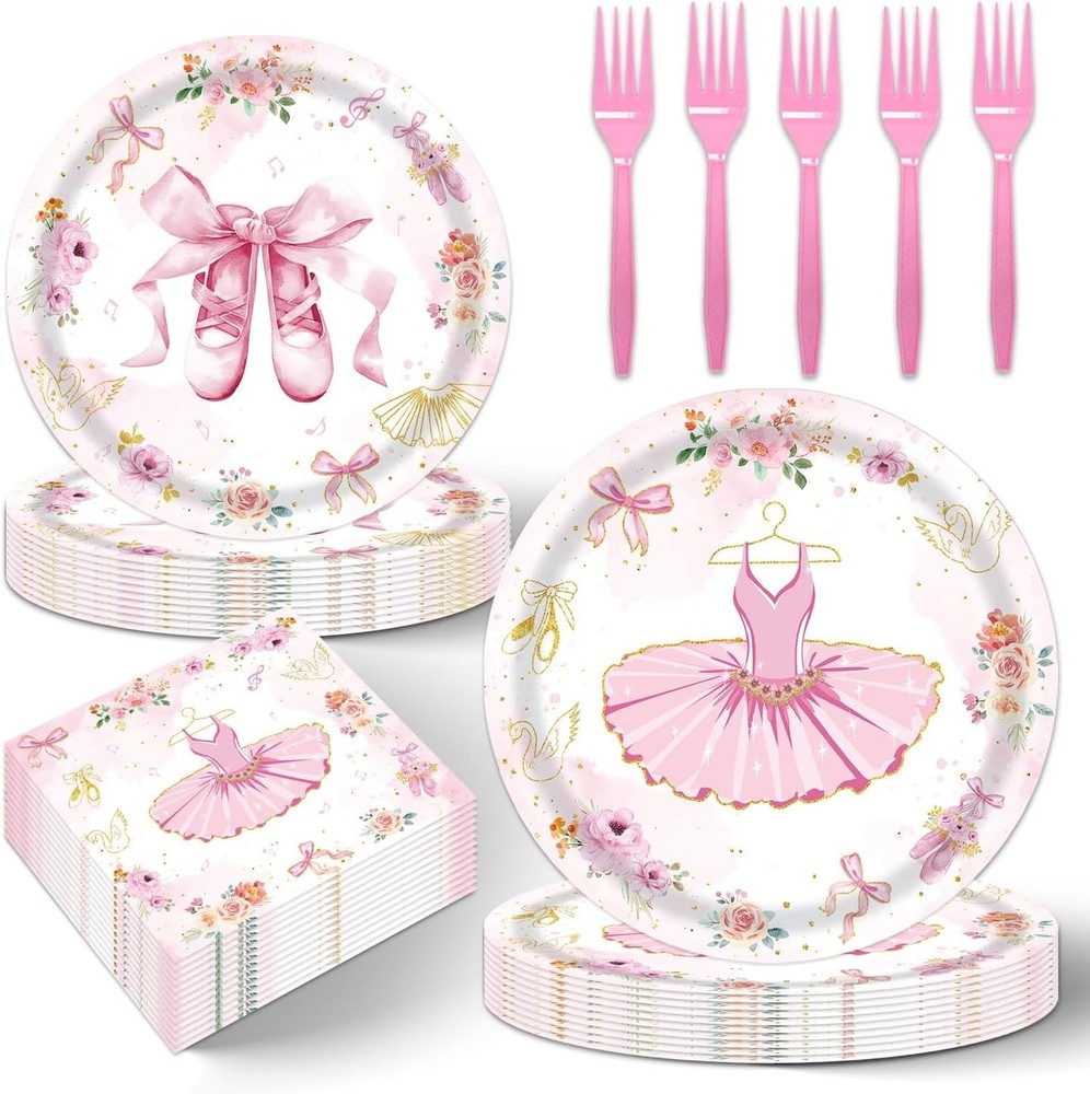 Pink Ballerina Dress Birthday Disposable Tableware (Plates, Napkins, Forks)