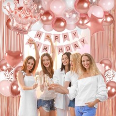 Rose Gold Birthday Decorations White Pink Balloons Banner Fringe Curtain Women