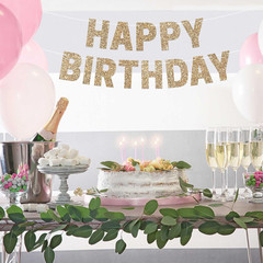 Pre-Strung Happy Birthday Banner – No DIY – Gold Glitter Birthday Party Banner f