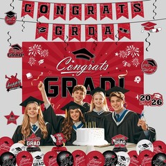 Graduation Decorations 2026 Set – Red Themed Congrats Grad Banner, Backdrop, Han