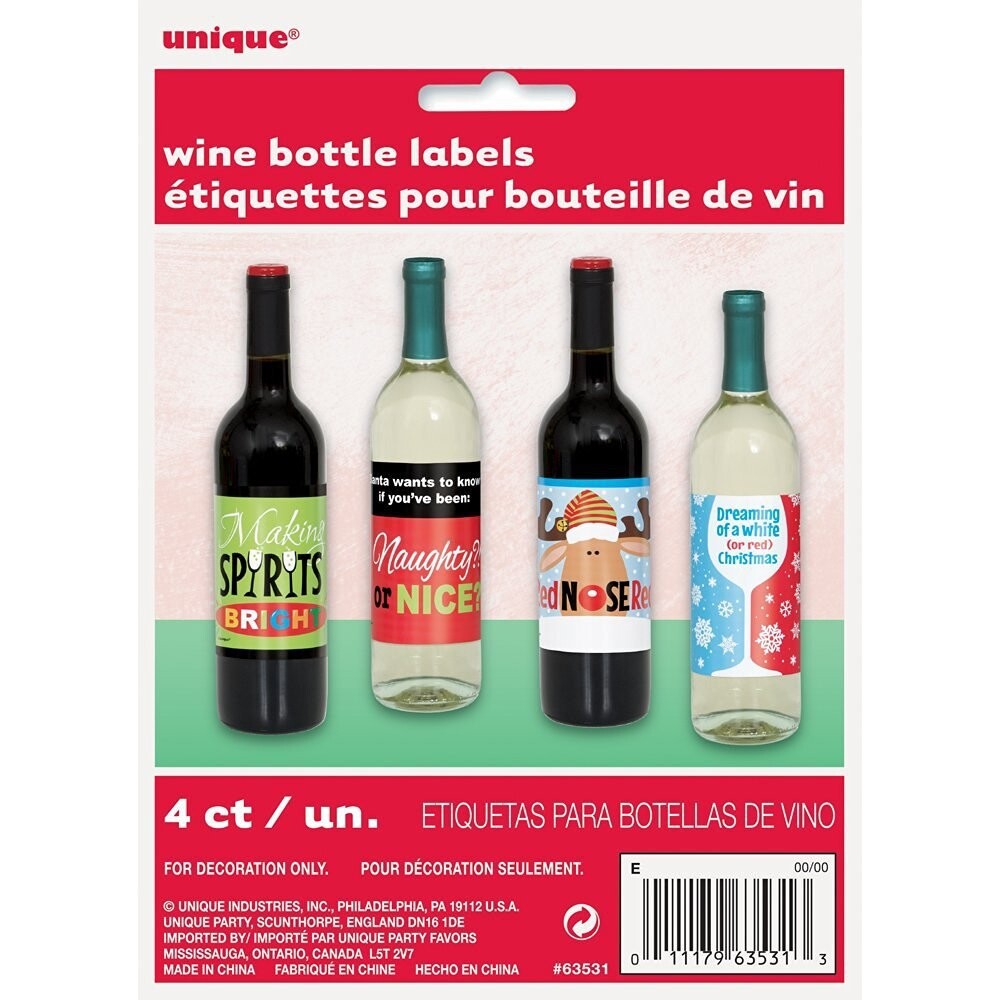 Christmas Holiday Beverage Wine Bottle Labels 4 Ct Party